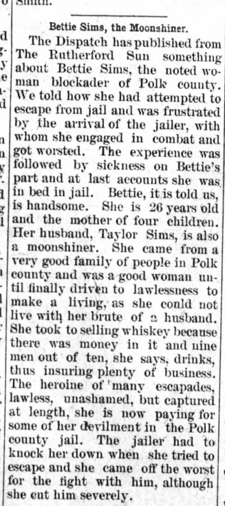 Newspaper clipping Bettie Sims Bootlegger October 4, 1906