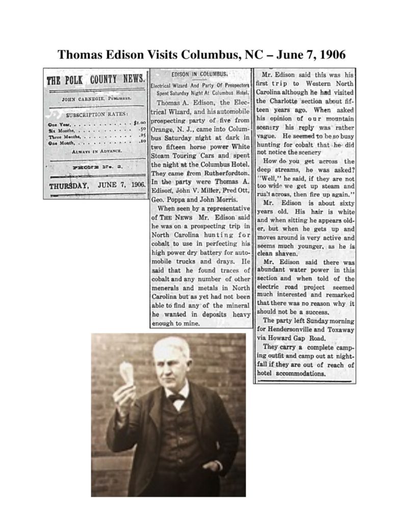Newspaper Clipping Thomas Edison visits Columbus NC June 7, 1906